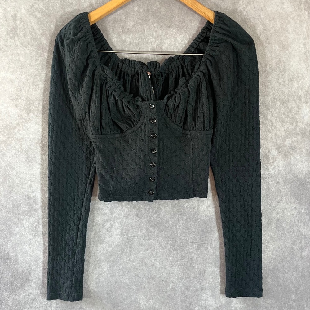 Free People Corset Top Women XS Black Long Sleeve Ruched‎ Button Front OB1075685